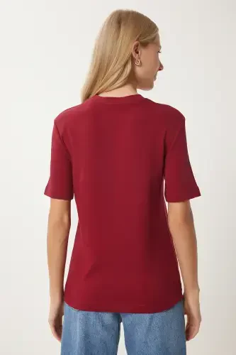 Women's Burgundy White 2-Piece Pack Cotton Basic Knitted T-Shirt AG00002-Burgundy White - 5