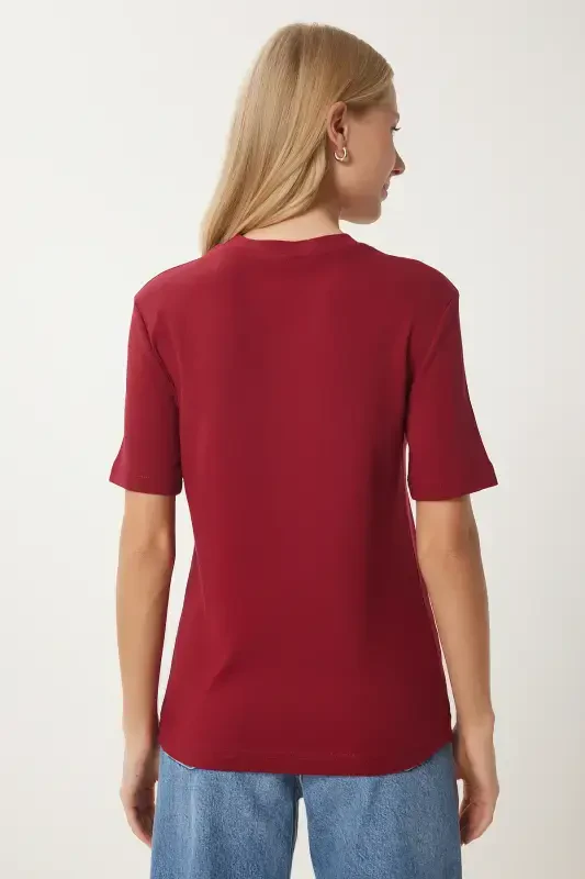 Women's Burgundy White 2-Piece Pack Cotton Basic Knitted T-Shirt AG00002-Burgundy White - 5