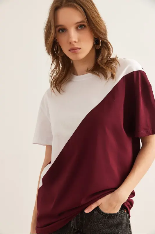 Women's Burgundy White Asymmetric Blocked T-Shirt TSH-1900 - OLALOOK