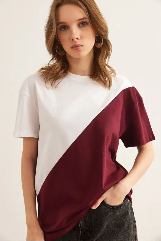 Women's Burgundy White Asymmetric Blocked T-Shirt TSH-1900 - 3