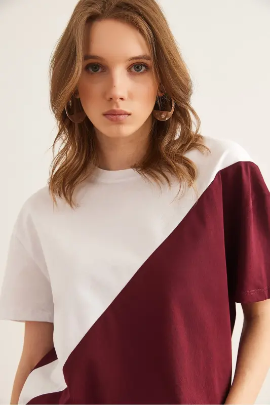 Women's Burgundy White Asymmetric Blocked T-Shirt TSH-1900 - 5