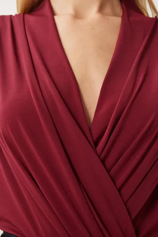 Women's Burgundy Wrap Collar Padded Snap-Closure Sandy Blouse ZH00039-Burgundy - 4