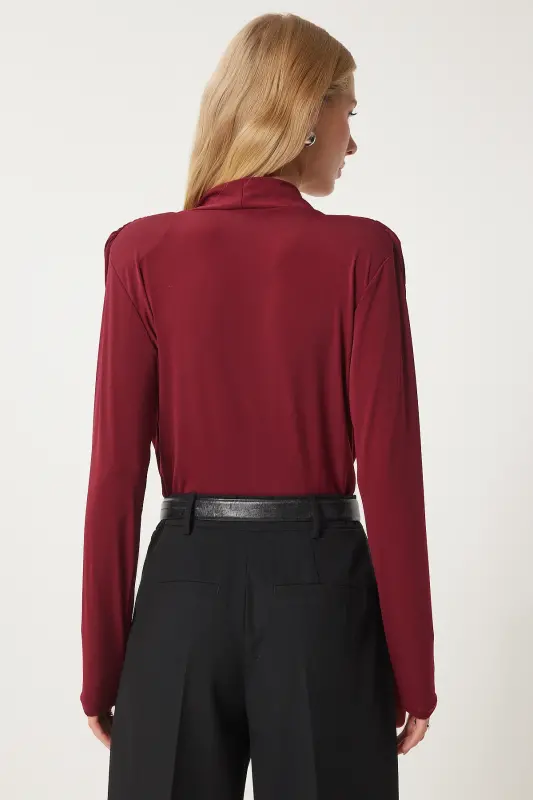 Women's Burgundy Wrap Collar Padded Snap-Closure Sandy Blouse ZH00039-Burgundy - 5