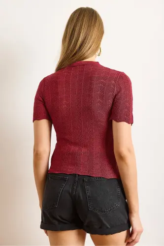 Women's Burgundy Zigzag Knitted Viscose Blouse BLZ-19003010-Bordo - OLALOOK (1)