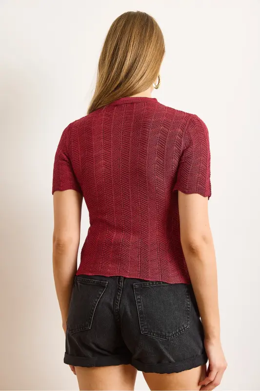 Women's Burgundy Zigzag Knitted Viscose Blouse BLZ-19003010-Bordo - 2