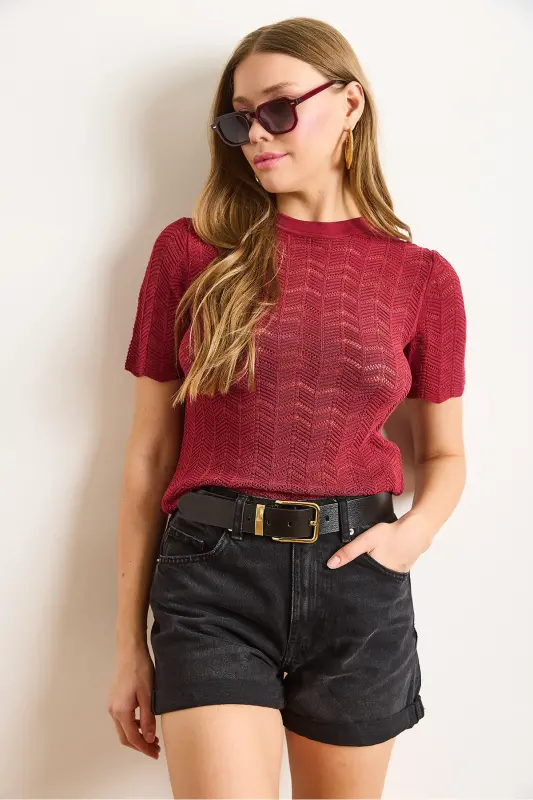 Women's Burgundy Zigzag Knitted Viscose Blouse BLZ-19003010-Bordo - 4