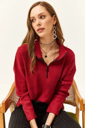 Women's Burgundy Zippered High Neck Sweatshirt-Burgundy - 3