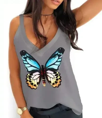 Women's Butterfly Printed Sandy Fabric Tank Top - 4