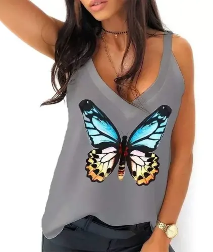 Women's Butterfly Printed Sandy Fabric Tank Top - 1