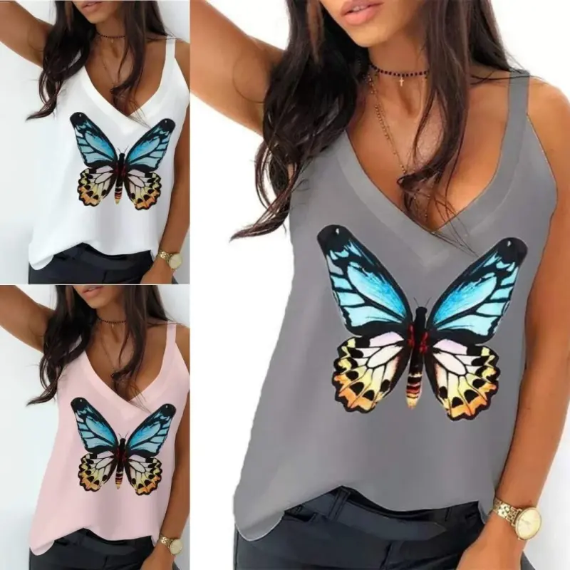 Women's Butterfly Printed Sandy Fabric Tank Top - 3