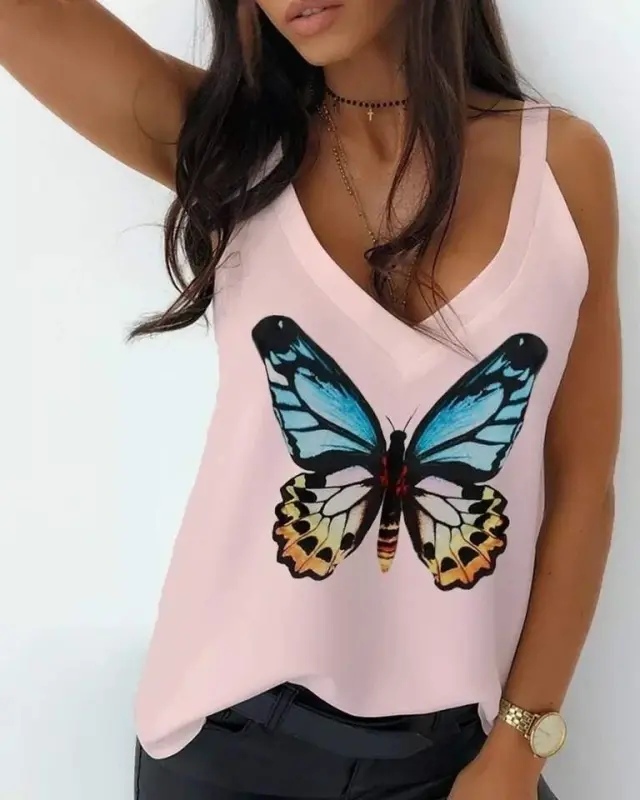 Women's Butterfly Printed Sandy Fabric Tank Top - 1