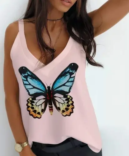 Women's Butterfly Printed Sandy Fabric Tank Top - BÜYÜKBEDENIZ (1)