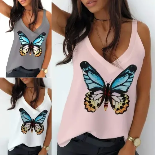 Women's Butterfly Printed Sandy Fabric Tank Top - 3