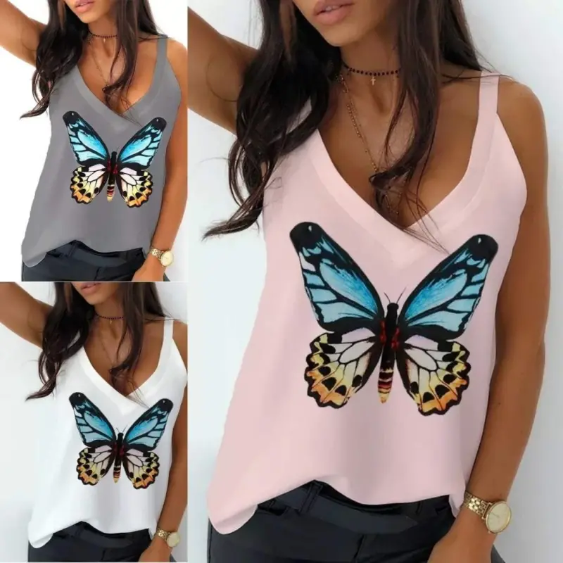 Women's Butterfly Printed Sandy Fabric Tank Top - 3