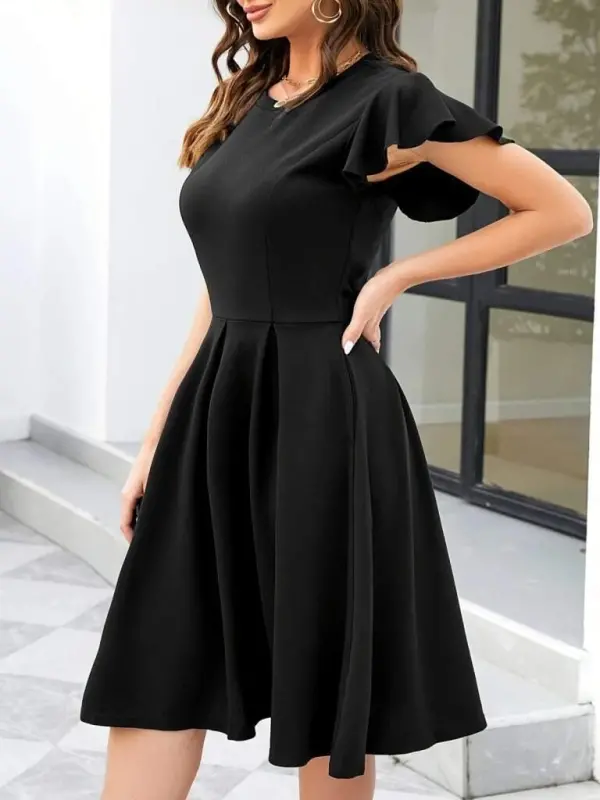 Women's Butterfly Sleeve Bicycle Collar Pleated Imported Crepe Dress - 7