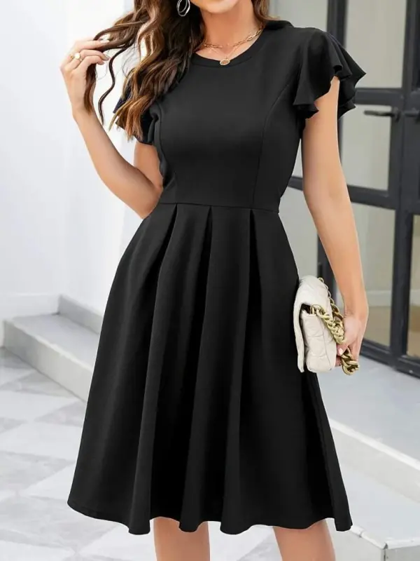 Women's Butterfly Sleeve Bicycle Collar Pleated Imported Crepe Dress - 1