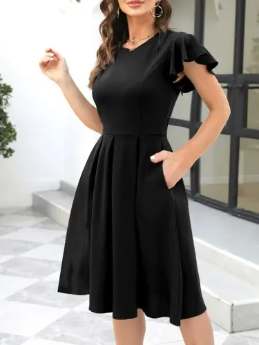 Women's Butterfly Sleeve Bicycle Collar Pleated Imported Crepe Dress - BÜYÜKBEDENIZ (1)