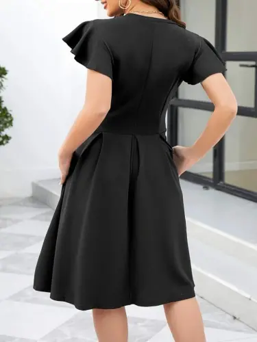 Women's Butterfly Sleeve Bicycle Collar Pleated Imported Crepe Dress - 9