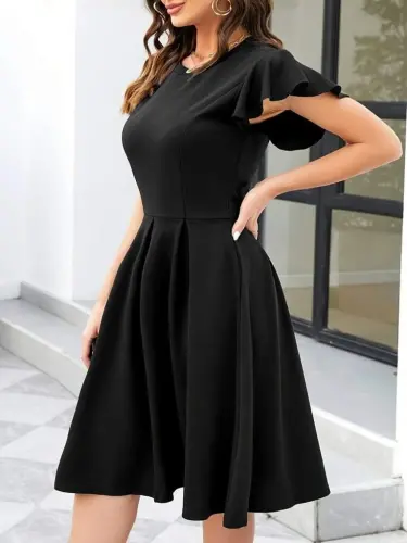 Women's Butterfly Sleeve Bicycle Collar Pleated Imported Crepe Dress - 3