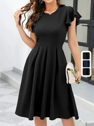 Women's Butterfly Sleeve Bicycle Collar Pleated Imported Crepe Dress - 4