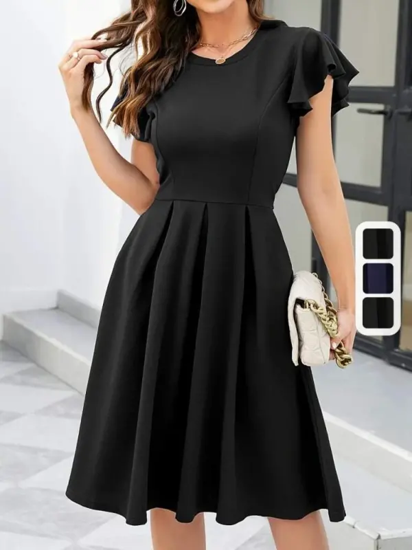 Women's Butterfly Sleeve Bicycle Collar Pleated Imported Crepe Dress - 4