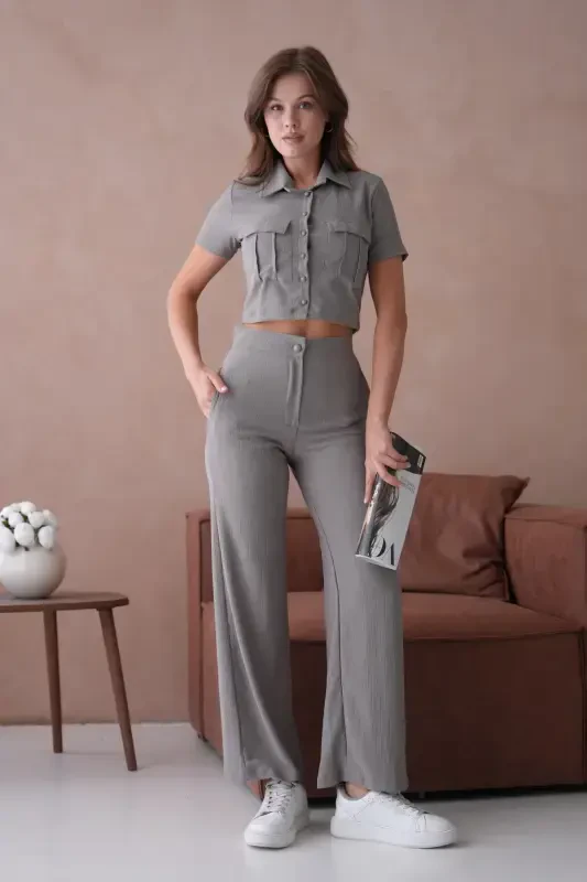Women's Button Detail Flap Pocket Pantsuit-Gray - VOLT CLOTHİNG