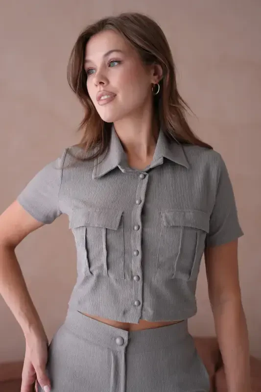 Women's Button Detail Flap Pocket Pantsuit-Gray - 2