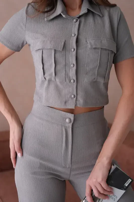 Women's Button Detail Flap Pocket Pantsuit-Gray - 3