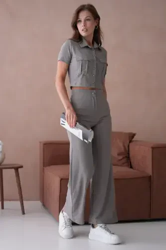 Women's Button Detail Flap Pocket Pantsuit-Gray - 6