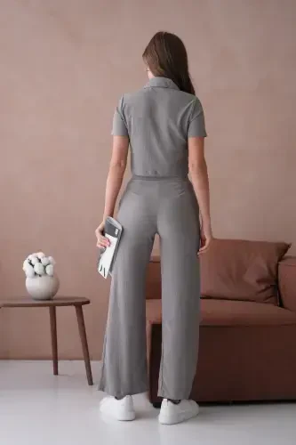 Women's Button Detail Flap Pocket Pantsuit-Gray - 8