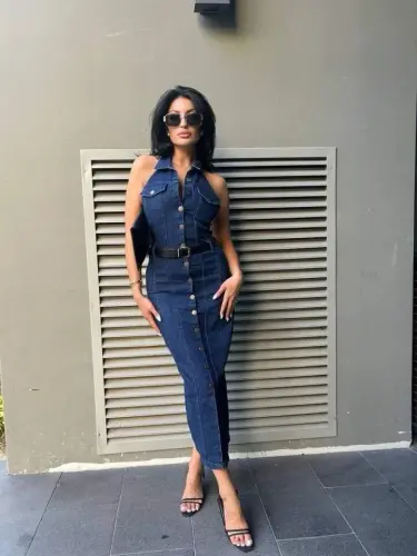 Women's Button Detailed Belted Backless Denim Dress - 1