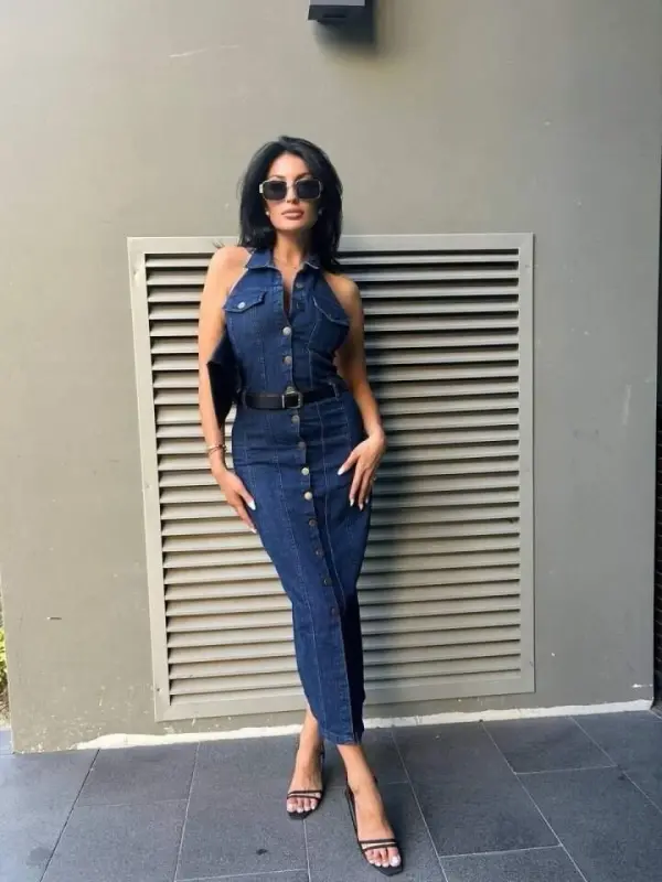 Women's Button Detailed Belted Backless Denim Dress - 1