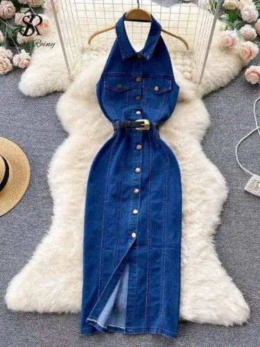 Women's Button Detailed Belted Backless Denim Dress - BÜYÜKBEDENIZ (1)