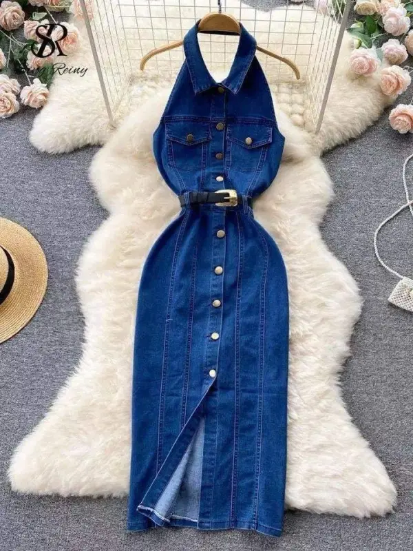 Women's Button Detailed Belted Backless Denim Dress - 2
