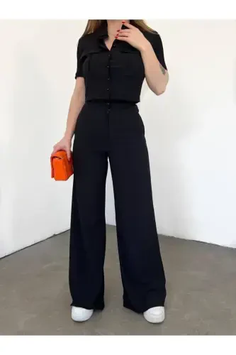 Women's Button Detailed Flap Pocket Pantsuit-Black - 1