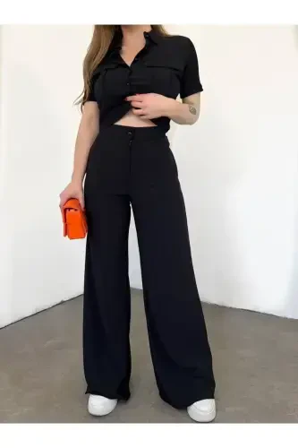 Women's Button Detailed Flap Pocket Pantsuit-Black - VOLT CLOTHİNG (1)