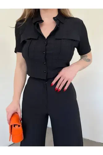 Women's Button Detailed Flap Pocket Pantsuit-Black - 3