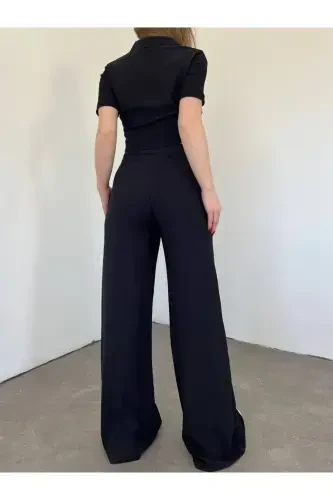 Women's Button Detailed Flap Pocket Pantsuit-Black - 4