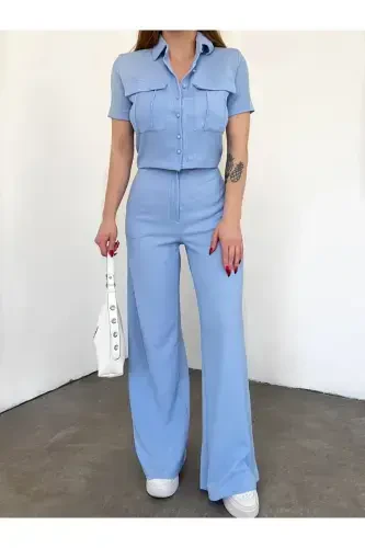 Women's Button Detailed Flap Pocket Pantsuit-BLUE - 1