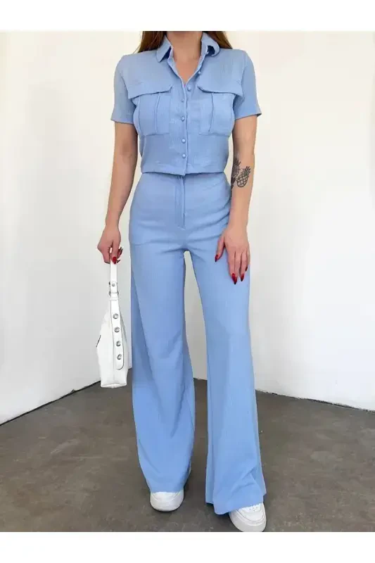 Women's Button Detailed Flap Pocket Pantsuit-BLUE - AFIŞ BUTIK