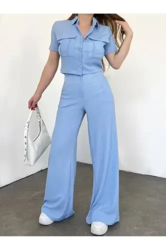 Women's Button Detailed Flap Pocket Pantsuit-BLUE - AFIŞ BUTIK (1)