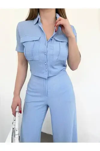 Women's Button Detailed Flap Pocket Pantsuit-BLUE - 3