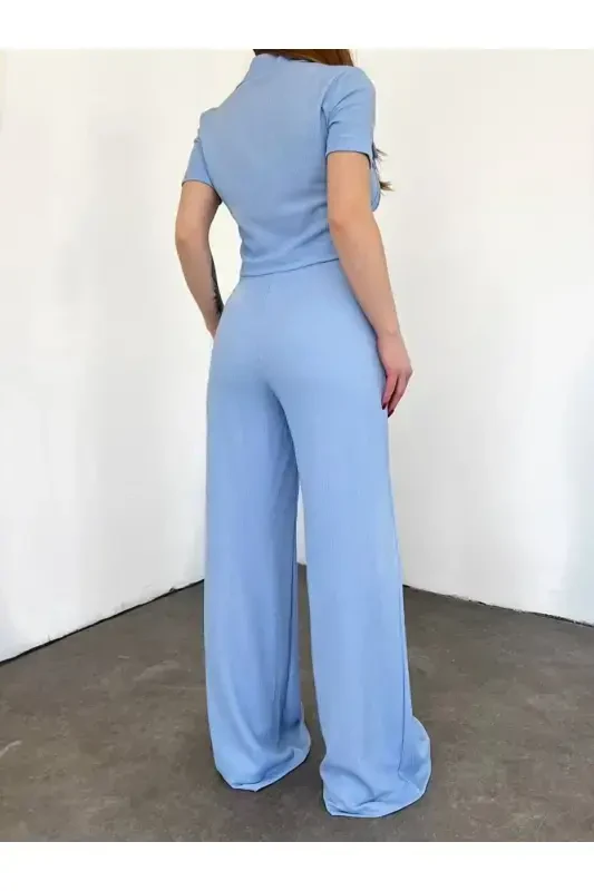 Women's Button Detailed Flap Pocket Pantsuit-BLUE - 4