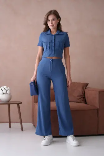 Women's Button Detailed Flap Pocket Pantsuit-Indigo - 4