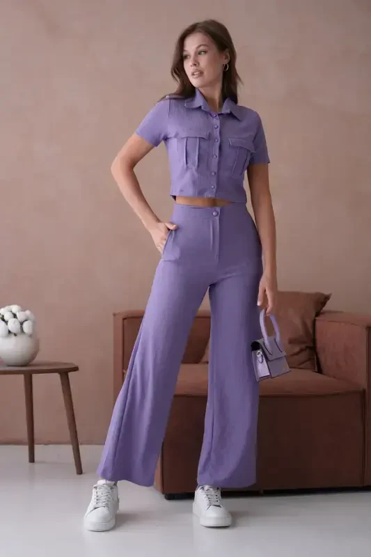 Women's Button Detailed Flap Pocket Pantsuit - Purple - 1
