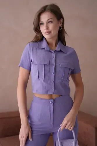 Women's Button Detailed Flap Pocket Pantsuit - Purple - 2