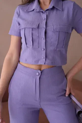 Women's Button Detailed Flap Pocket Pantsuit - Purple - 3