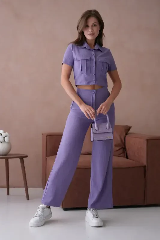 Women's Button Detailed Flap Pocket Pantsuit - Purple - 4