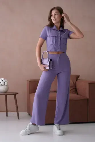 Women's Button Detailed Flap Pocket Pantsuit - Purple - 6