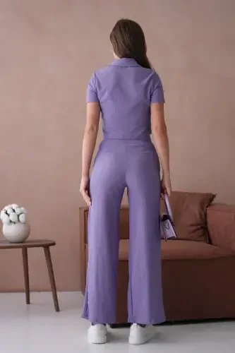 Women's Button Detailed Flap Pocket Pantsuit - Purple - 8